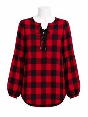 Size S Highline Collective Women’s Buffalo Plaid Lace Up‎ Peasant Blouse